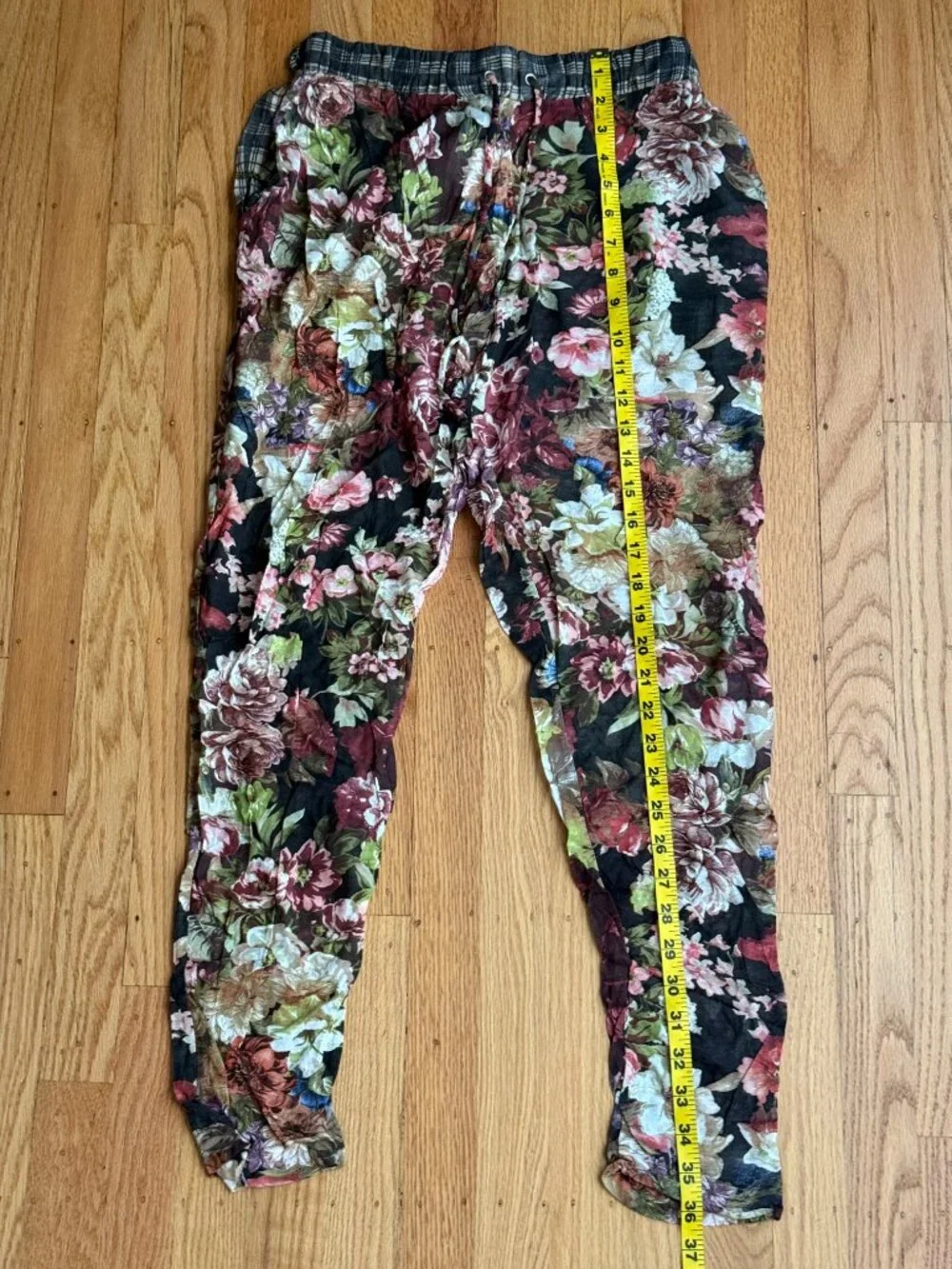 Mango Floral Linen-Style Translucent Tapered Trousers with Plaid Waistband Small